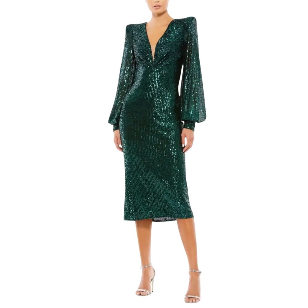 Mac Duggal 26866 Green Cocktail Dress Sequined Long Sleeve Midi Sheath Size 10